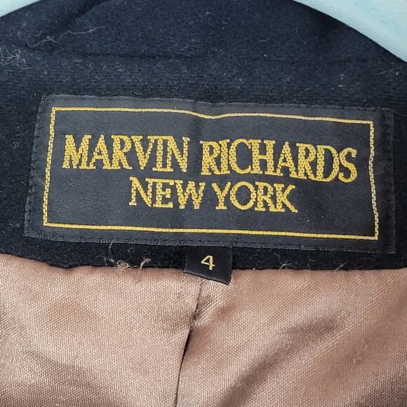 VINTAGE Marvin Richards New York Black Wool Cashmere Fox Fur Coat, Sz 4 - Picture 5 of 11